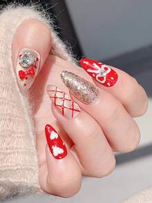 10片中长杏仁形美甲贴纸，手绘白色石膏3D蝴蝶结，可爱红色美甲贴花，手绘白色石膏心形美甲贴纸，手绘钻石图案带小钢珠，可爱杏仁形按压式美甲贴纸，适合新年、情人节、婚礼、约会等场合。 - 紅色 - 查看 4