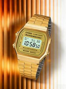 Casio ساعة رقمية رياضية، ساعة بسوار من الفولاذ المقاوم للصدأ بتصميم ريترو وقرص مربع، تقويم ومنبه وساعة إيقاف، مقاومة للماء للاستخدام اليومي، مناسبة للاستخدام اليومي - الذهبي والأسود - مشاهدة 2