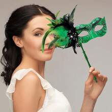 2025 New Masquerade Mask For Women With Stick - Shiny Women's Feather Mardi Gras Venetian Mask For Costume Accessory - 黑綠 - 查看 6