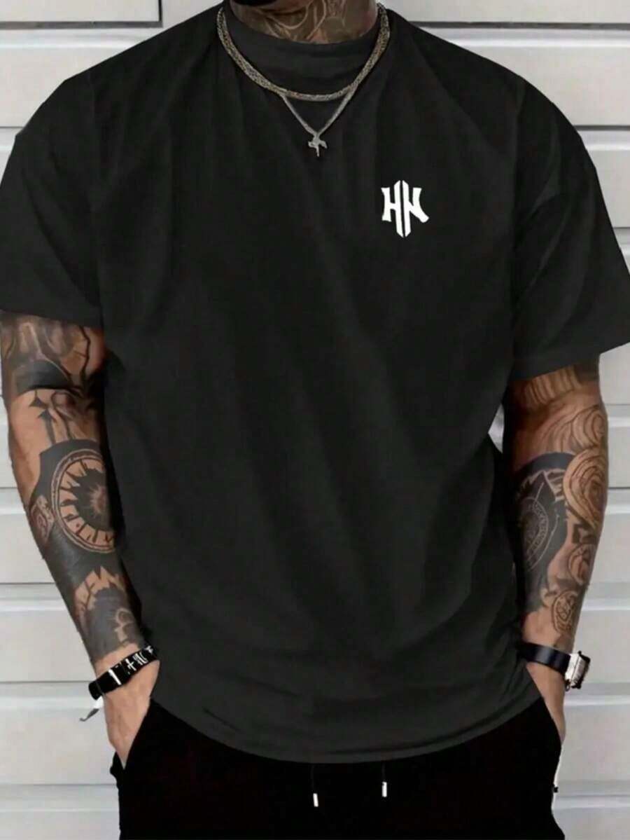 Men's T-Shirt With Minimalist 2H Print, Short-Sleeved Cotton T-Shirt With Round Neck, 2H Lettering. - Black - View 1