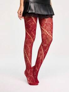 1 szt. damskie rajstopy siateczkowe plus size, vintage'owe francuskie spiralne, ażurowe, kwiatowe, koronkowe, żakardowe pończochy, seksowne, eleganckie rajstopy siateczkowe w stylu punk rock, odpowiednie na święta, imprezy, gale - Burgund - Zobacz 6