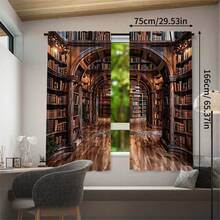 2pcs Library Bookshelf Pattern High-Definition Digital Printing Decorative Curtains, Semi-Transparent Polyester Material, Fade-Resistant. Can Be Hand-Washed Or Machine-Washed, Rod Pocket Hanging, Suitable For Bedroom And Living Room Decoration, Home Decorative Curtains - Multicolor - View 12