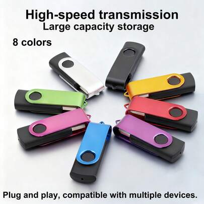 128GB/64GB/32GB/16GB/8GB/4GB/2GB/1GB Unidad flash USB de metal de alta velocidad con rotación, 8 opciones de color, compatible con teléfonos inteligentes, computadoras, accesorios de automóvil y dispositivos de juego, almacenamiento de archivos y portátil