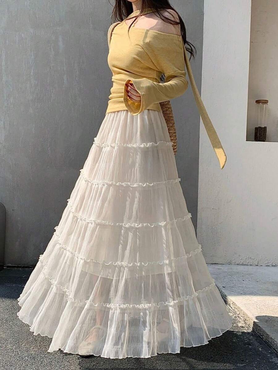 2026 Spring Women's High Waist Pleated Cake Skirt, A-Line Flared Skirt With Textured Frill Trim, Slimming And Flattering Summer