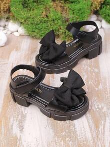 新款女童厚底黑色凉鞋，蝴蝶结布艺魔术贴设计，圆头，适合夏季、校园、度假穿着 - 黑色 - 查看 5