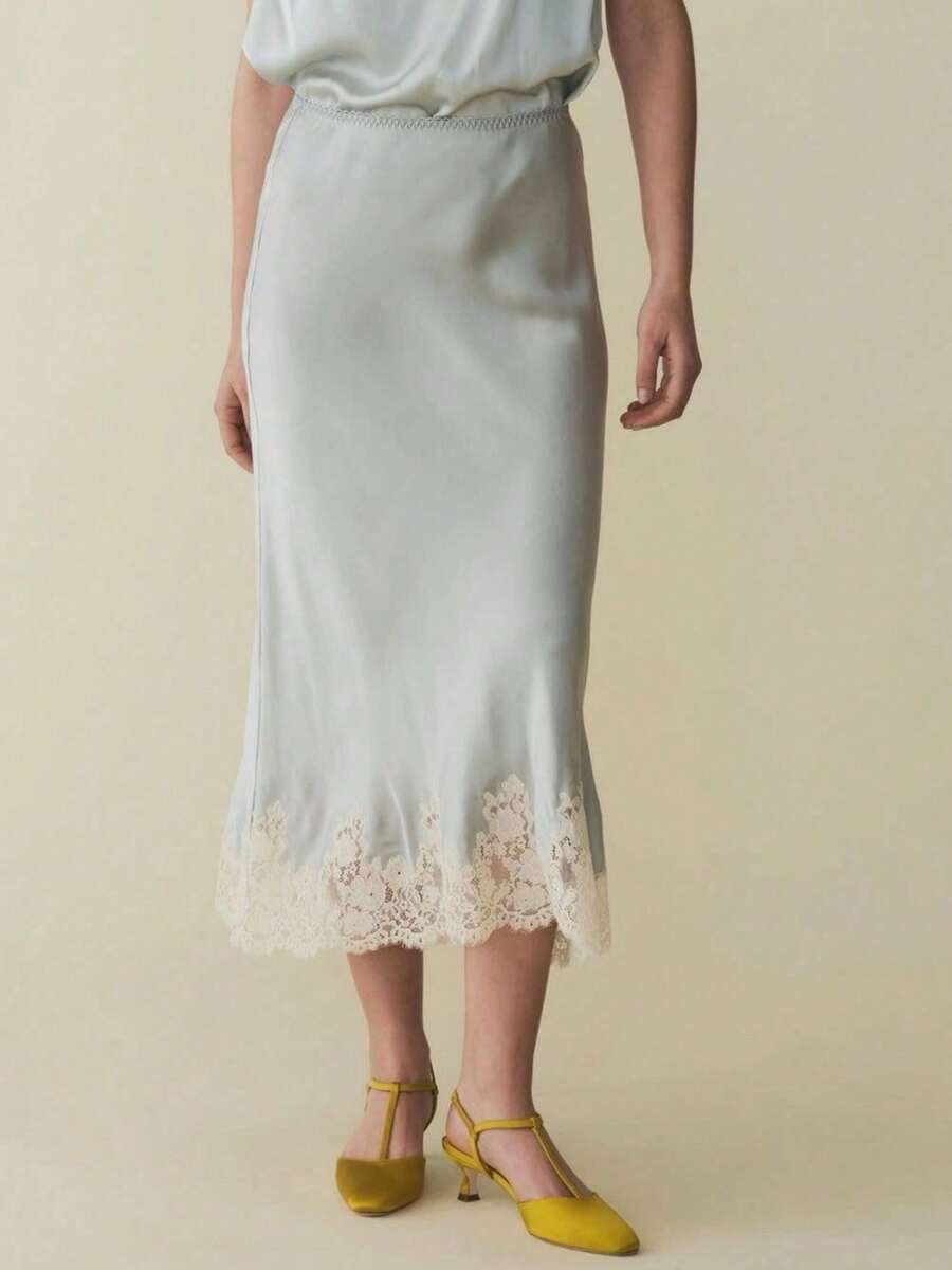 Lace Satin Maxi Skirts For Women Casual Elegant Fall A Line Elastic Waist High Rise Silk Midi Skirt With Lace Patchwork Y2k Aesthetic Going Out Skirt Party Club Streetwear - Màu xanh nhạt - Xem 1
