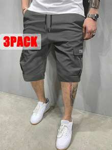3-Pack Men's Cargo Shorts | Multi-Pocket Drawstring Casual Shorts | 100% Polyester | Outdoor Sports Shorts | Men's Summer Fashion Versatile Casual Shorts - Blue + Gray + Black - View 8