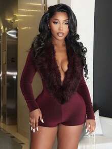 Women's Sexy Fur Collar Deep V-Neck Long Sleeved Tight Jumpsuit Slim Fit Shorts Enterizo Para Mujer Mono Para Mujer One Piece Jumpsuit Rompers Bodysuits Full Body Suit Gift For Valentine's Day And Graduation Party Birthday Celebrations Back-To-School Night Date - 酒紅色 - 查看 2