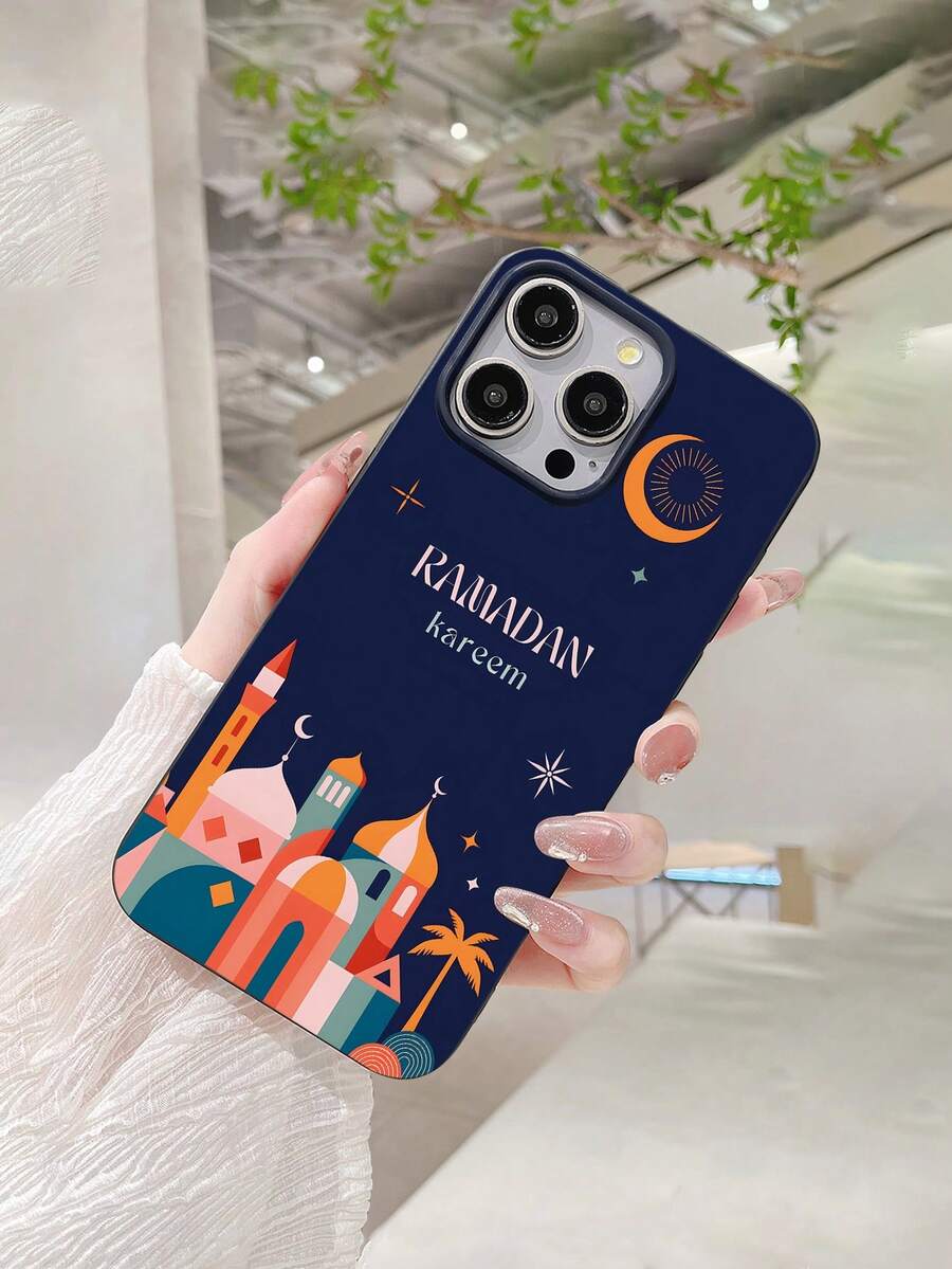 Ramadan Celebration Star & Moon Castle Phone Case, 2D Printed Pattern, Classic Middle Eastern Gentleman Tie Design, Suitable As Birthday/Holiday Gift For Friends, Family, Couples, Oneself. Black Matte Soft Silicone Case, Dust-Proof, Waterproof, Compatible With IPhone 17/16/15/14/13/12/11/Pro/ProMax/X/XR/XS/XSMAX/7/8/PLUS/Air/Se2/3 - Black - View 1