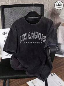 Women's Summer Letter Print Casual Simple Everyday Loose Washed Cotton Short Sleeve Crew Neck T-Shirt Top; Women's Summer Washed Cotton Cute Top - Black - View 1