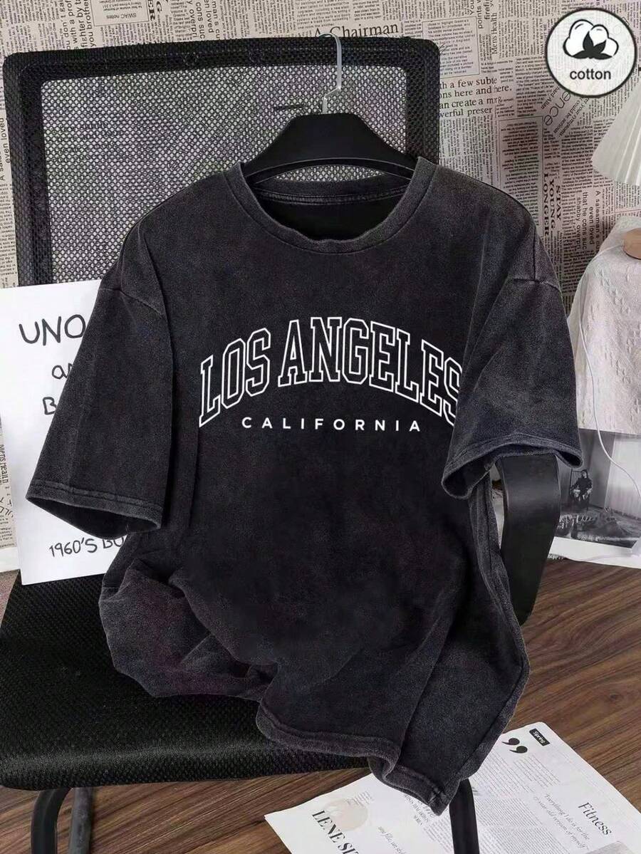 Women's Summer Letter Print Casual Simple Everyday Loose Washed Cotton Short Sleeve Crew Neck T-Shirt Top; Women's Summer Washed Cotton Cute Top - Black - View 1