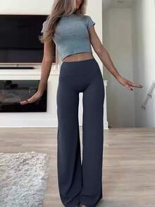 女士通勤运动优雅现代职场纯色修身喇叭裤 春季 - 寶藍色 - 查看 9