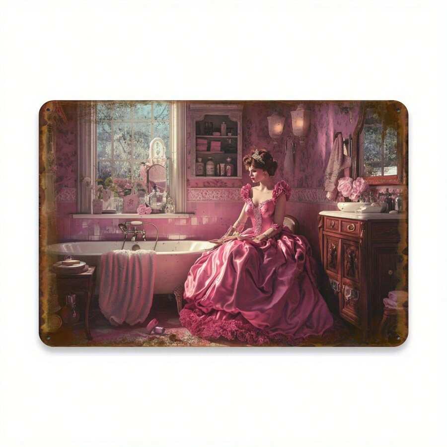 2D 1 Retro-Style Pink Skirt, Women'S Aluminum Art Brand, Iron Metal Tin Brand, Home, Bathroom, Cafe Decorative Wall Art, Size 12X8 Inches - 米色 - 查看 1