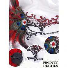Halloween Masquerade Masks For Women - 2025 Peacock Feather Lace Mask 1920s Venetian Eyemask For Party - 黑紅 - 查看 6