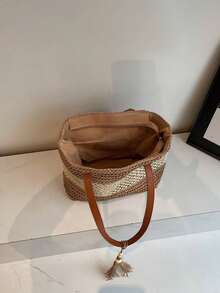 1 件新款时尚沙滩风女士手提包，轻便手工编织草编单肩包，撞色条纹流苏装饰休闲草编托特包，拉链封口，是度假旅行的理想之选 - 卡其色 - 查看 9