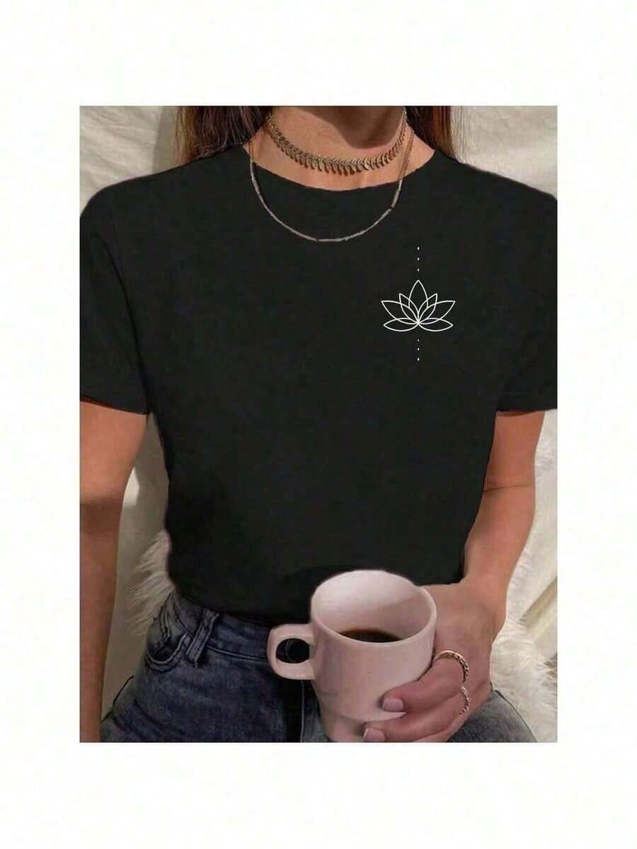 Women's Babylook T-Shirt 100% Cotton Lotus Flower Blouse Energy Meditation - 黑色 - 查看 1