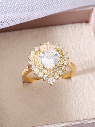 1pc Luxurious Copper Zirconia Heart Shaped Ring, Suitable For Women's Daily Wear And Party Occasions