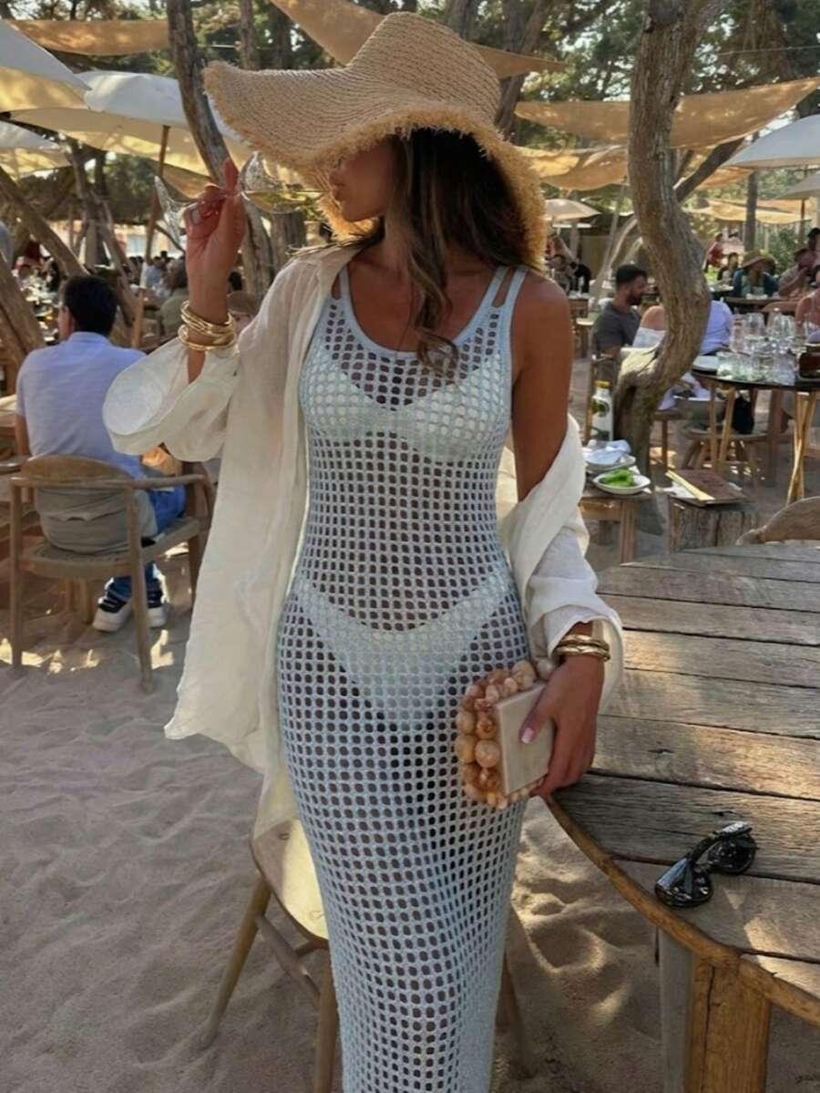 Women's New Vacation Style Elegant Sweet Sexy Hollow Out Sheer Knit Sleeveless Dress - Blue - View 1