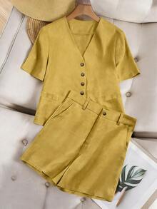 Setelan Blazer dan Celana Pendek Wanita Kasual untuk Liburan Sehari-hari, Bahan Campuran Linen, Warna Polos, Kerah V, Kancing Tunggal, Lengan Pendek Longgar, Musim Panas - Mustard Yellow - View 4