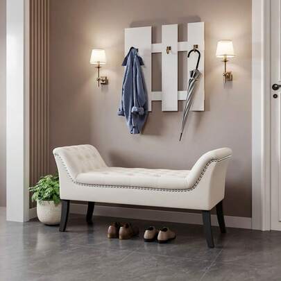 1pc Luxurious Minimalist Style Bed Bench With Wooden Arms & Black Feet, Plush Footstool For Bedroom/Living Room, Upholstered Ottoman Stool (Beige)