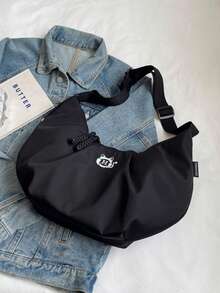 Túi đeo chéo khóa kéo dung tích lớn, màu trơn thời trang, túi đeo vai thể thao tiện dụng, túi đi làm đơn giản dành cho nữ. - màu đen - Xem 6