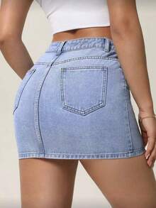 Women's Fashionable Casual Fitted Washed Denim Mini Skirt, Summer - Light Wash - View 2