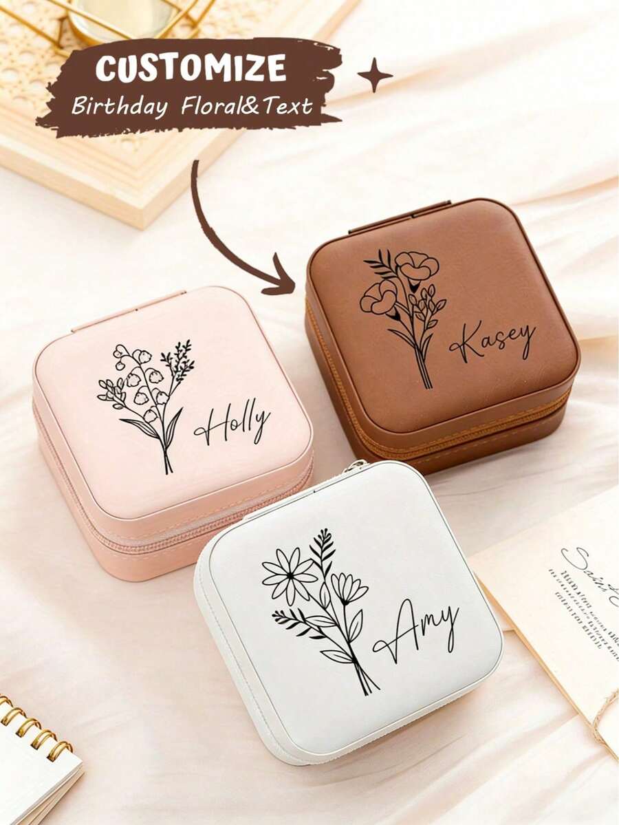Hộp trang sức hoa văn sinh nhật thiết kế riêng, họa tiết hoa 12 tháng, hộp trang sức cá nhân hóa có gương, chữ cái đầu, hộp trang sức vuông bằng da PU khắc tên theo yêu cầu, hộp đựng nhẫn du lịch bằng da, hộp đựng trang sức thiết kế riêng, quà tặng Ngày của Mẹ cho phái đẹp, bạn thân. - Nhiều màu - Xem 1