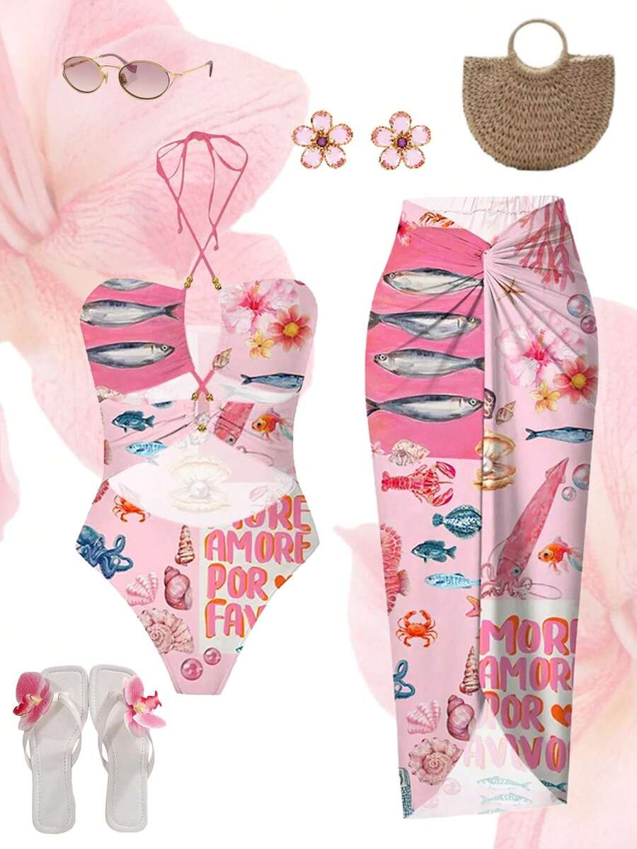 Bohemian Style Vacation Casual Beach Seaside Summer Women's Spaghetti Strap Pink Ocean Element Letter Print Bodysuit 2 Pieces Swimwear - Pink - View 1