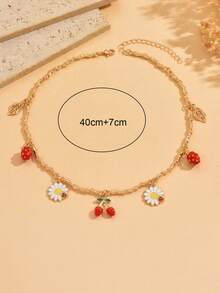 1pc Creative Metal Daisy & Strawberry Pendant Necklace, Fashionable Versatile Gold Choker Necklace, Vintage Unique Jewelry For Women, Suitable For Daily Wear, Dates, Parties, Music Festivals - Multicolor - View 4