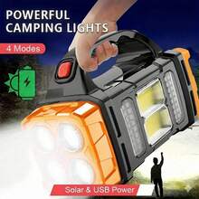 Solar & USB Rechargeable LED Lantern Flashlight, 1800mAh Nickel Battery, Tactical COB Work Light, 4 Modes, Emergency Power Bank Function, Portable For Camping IPX4 Waterproof - Yellow - View 9