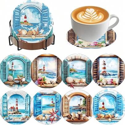 8pcs/Set Diamond Painting Coaster Set, Landscape Pattern Coasters (With Holder) - Home Decor DIY Diamond Art Craft Kit For Beginners, Diamond Painting Craft Supplies, Artificial Diamond Art Craft Gift