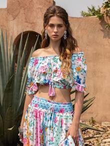 Faeriesty 2-Piece Elegant Open Shoulder Outfit: Embroidered Cropped Top With Ruffle Trim; High-Waisted Printed Maxi Skirt With Elastic Drawstring Waist; Mixed Prints; Lightweight And Flowing Fabric - Perfect For Destination Wedding Guest, Boho Bride Photoshoot, Garden Party, Vacation, Romantic Getaway Summer - Multicolor - View 6