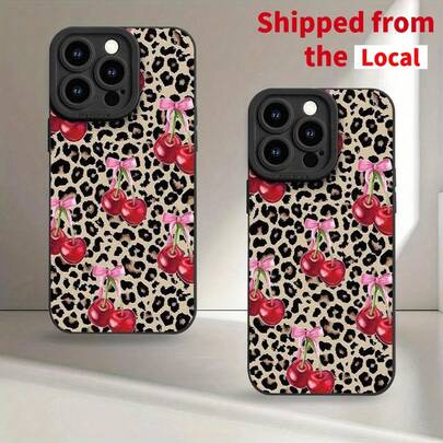 Matte Phone Case Cover With A Leopard Cherry Design, Featuring UV Printing And 360-Degree Full Protection For Various  Models Including 16, 11, 12, 13, 14, 15 Pro Max, XR, X/XS, 7, 8 Plus, SE, And Mini.