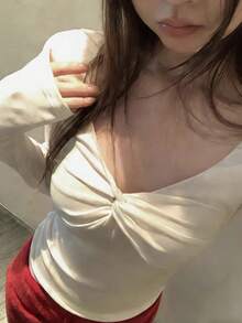 New Twist Knot V-Neck Slim Fit T-Shirt For Women, Spring/Autumn - Apricot - View 1