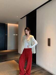 New Twist Knot V-Neck Slim Fit T-Shirt For Women, Spring/Autumn - Apricot - View 6