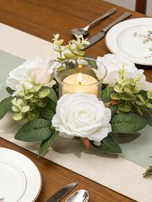 1 buc suport pentru lumânări cu coroană florală, decor pentru centru de lumânări cu flori, coroană de lumânări cu trandafiri, inel pentru lumânări, suport pentru lumânări tip ceai, coroană de plante artificiale, coroană de flori artificiale, potrivit pentru decor de nuntă, decor de petrecere și recuzită pentru fotografie - Multicolor - Vizualizare 4