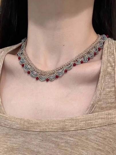 1件新款中国风多层蕾丝红蓝撞色串珠项链，民族风配饰颈链，女士款