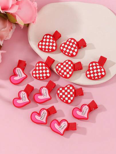 6pcs Colorblock Heart Shaped Cute Street Style PE (Polyethylene) Hair Clips, Suitable For Valentine's Day, Parties, Dates, Gatherings