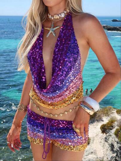 Women's Multi-Color Sequin Halter Top, Sparkling Sleeveless Deep V-Neck Crop Top, Stretchy Bodycon 100% Elastane Shirt For Party, Club, Night Out