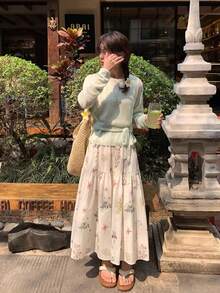 小巧精致的碎花松紧腰A字裙，春夏款 - 杏色 - 查看 1