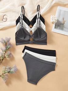 3套女款法式蕾絲內衣褲套裝，無鋼圈軟罩杯Bralette，字母印花細肩帶加厚抹胸，性感鏤空露背設計內衣套裝 - 彩色 - 查看 3