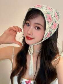 1条优雅钩编三角围巾 - 复古法式针织发带，粉色花卉图案，甜美可爱，外出旅行的完美头饰 | 花卉图案发带 | 精致钩编工艺，发带围巾，头巾，秋冬发带，女士节日配饰，女士发饰，优雅发带