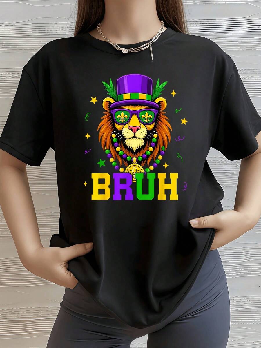 León con sombrero morado gafas con flores de lis y collar de cuentas símbolo festivo de carnaval camiseta de mujer 100% algodón 220g - Negro - Ver 1