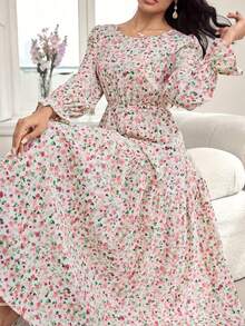 Ditsy Floral Ruffle Hem Long Sleeve Dress, Suitable For Weddings Vacation Fall - Pink, Green and White - View 3