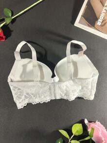 Women's Sexy Lace Bra, Deep V Comfortable Backless Full Cup Underwire Push Up Bra, Lace Small Bust Lift Up Prevent Sagging Bra, Apricot - White - View 8