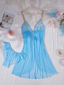 Elegant Sexy Mature Sensual Blue Lingerie Set, Embroidered Lace Ribbon Sheer 2 Pieces Sleepwear For Dates - Blue - View 11