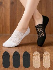 chuanwa（2） 5双装女士夏季网眼透气低帮弹力无束缚蕾丝纯色船袜 - 彩色 - 查看 1