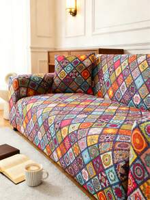 1pc Bohemian Style Sofa Cover And 1pc Matching Pillow Cover, Modern Minimalist Elastic Breathable Dust-Proof Milk Silk Full Coverage Sofa Slipcover, Suitable For Living Room, All Season