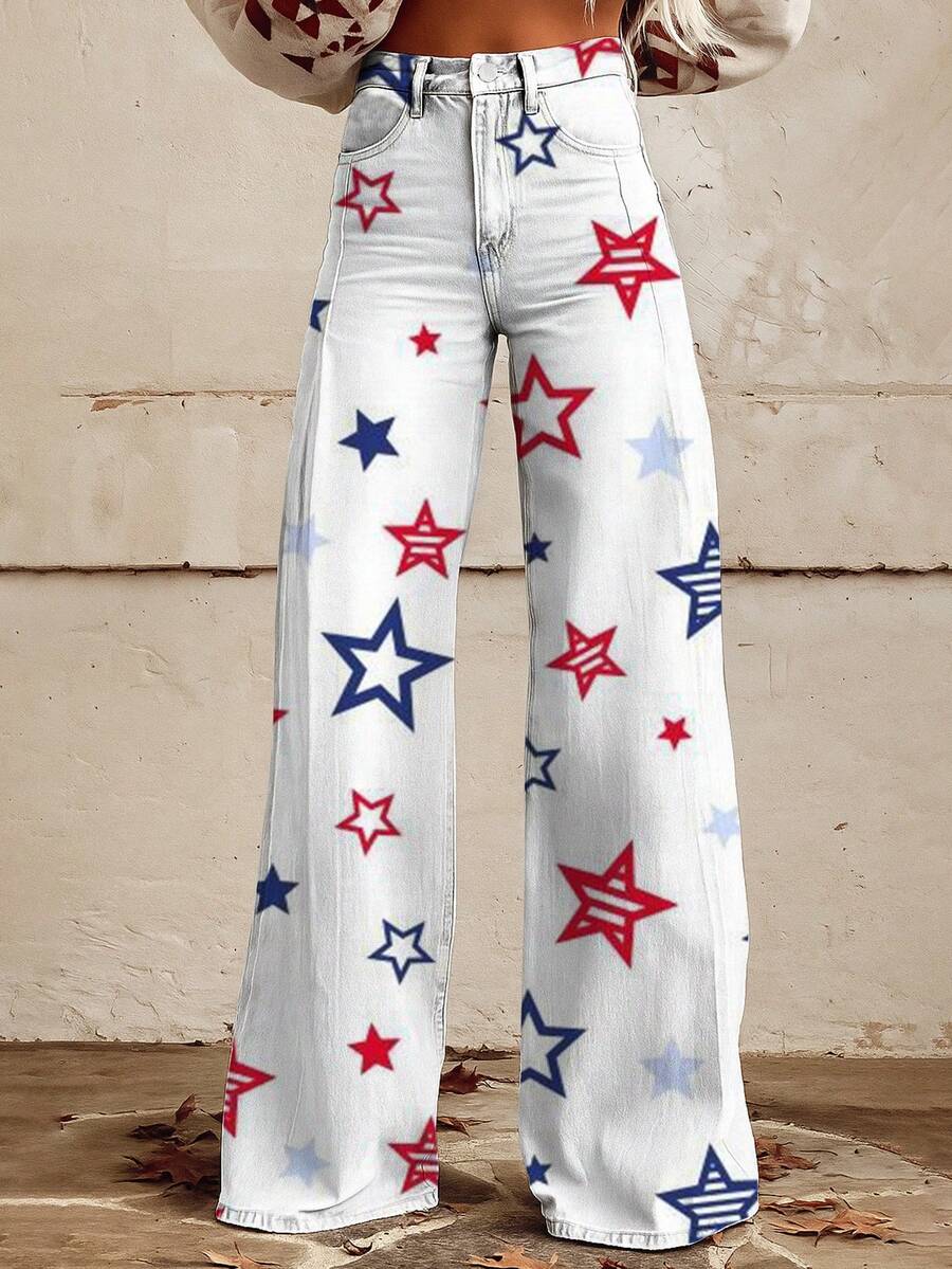 Women'S Retro 3D Star Print Wide-Leg Imitation Faux Denim - Loose Flared Bell-Bottom Trousers With Button Closure, Red Star Pattern, Beltless Design & Pockets | Winter Warmth, Casual To Semi-Formal Outfits | Vintage Western Style (No Belt Included) - 彩色 - 查看 1