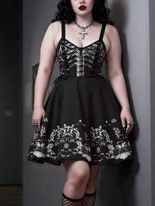 Plus Size Gothic Style Skull Print Dress - Black Bodycon Lace-Up Long Dress, Punk Rock Skull Pattern Dress, Slimming And Shaping, Suitable For Curvy Figures (US Size 16-32) #Morticore - Black - View 6